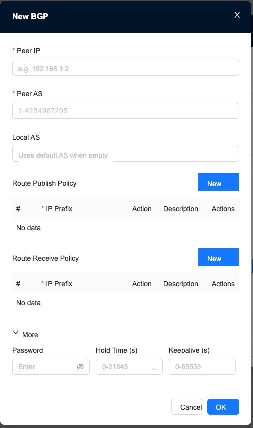 Nova Gateway connection configuration BGP routing