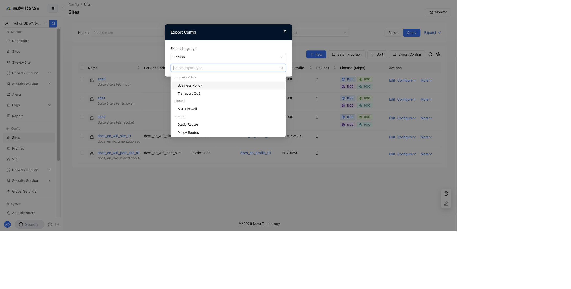 Export config types