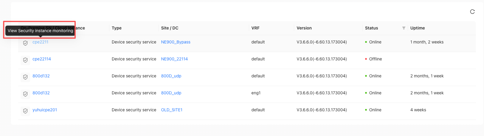 Cloud Security Instance name click