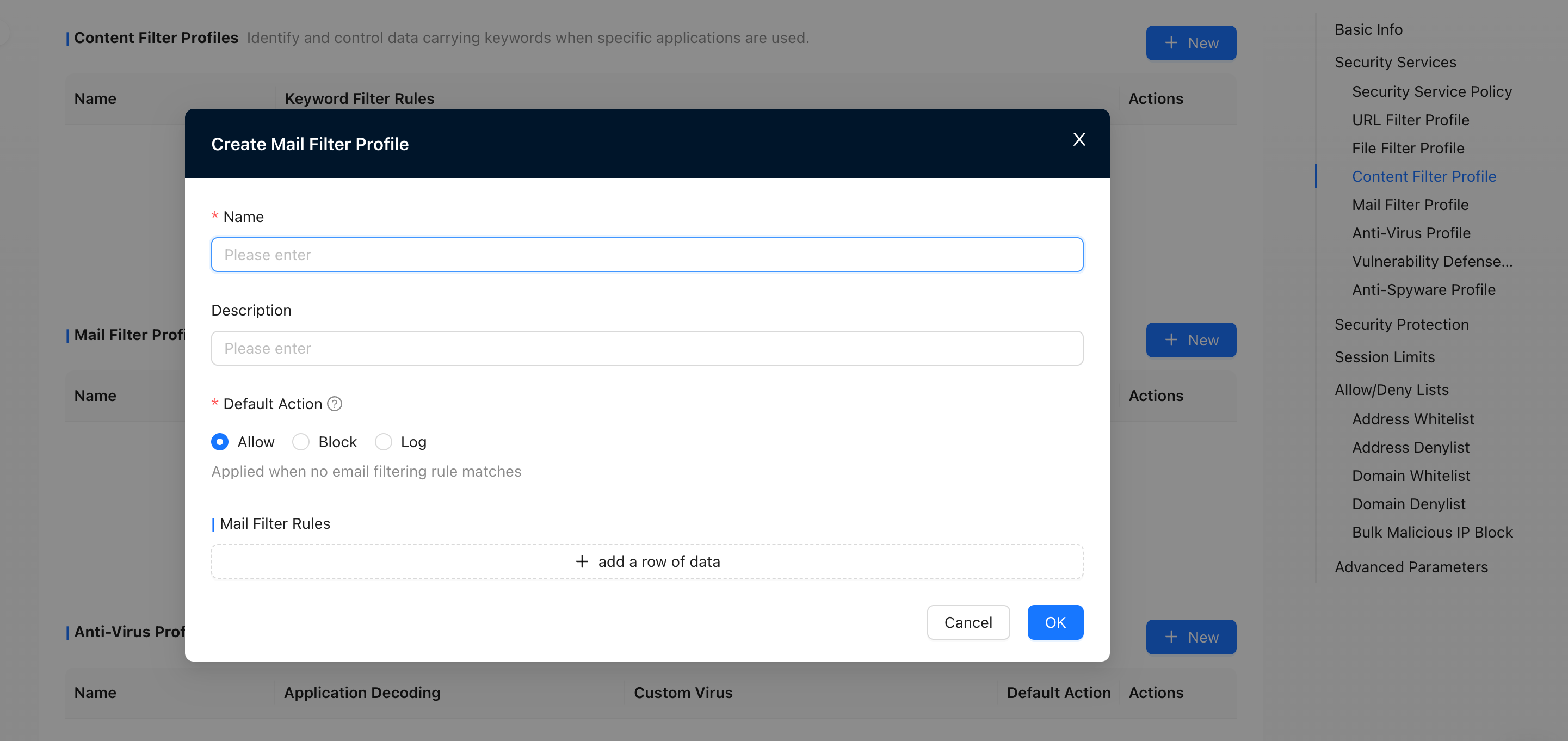 New Email Filtering Profile
