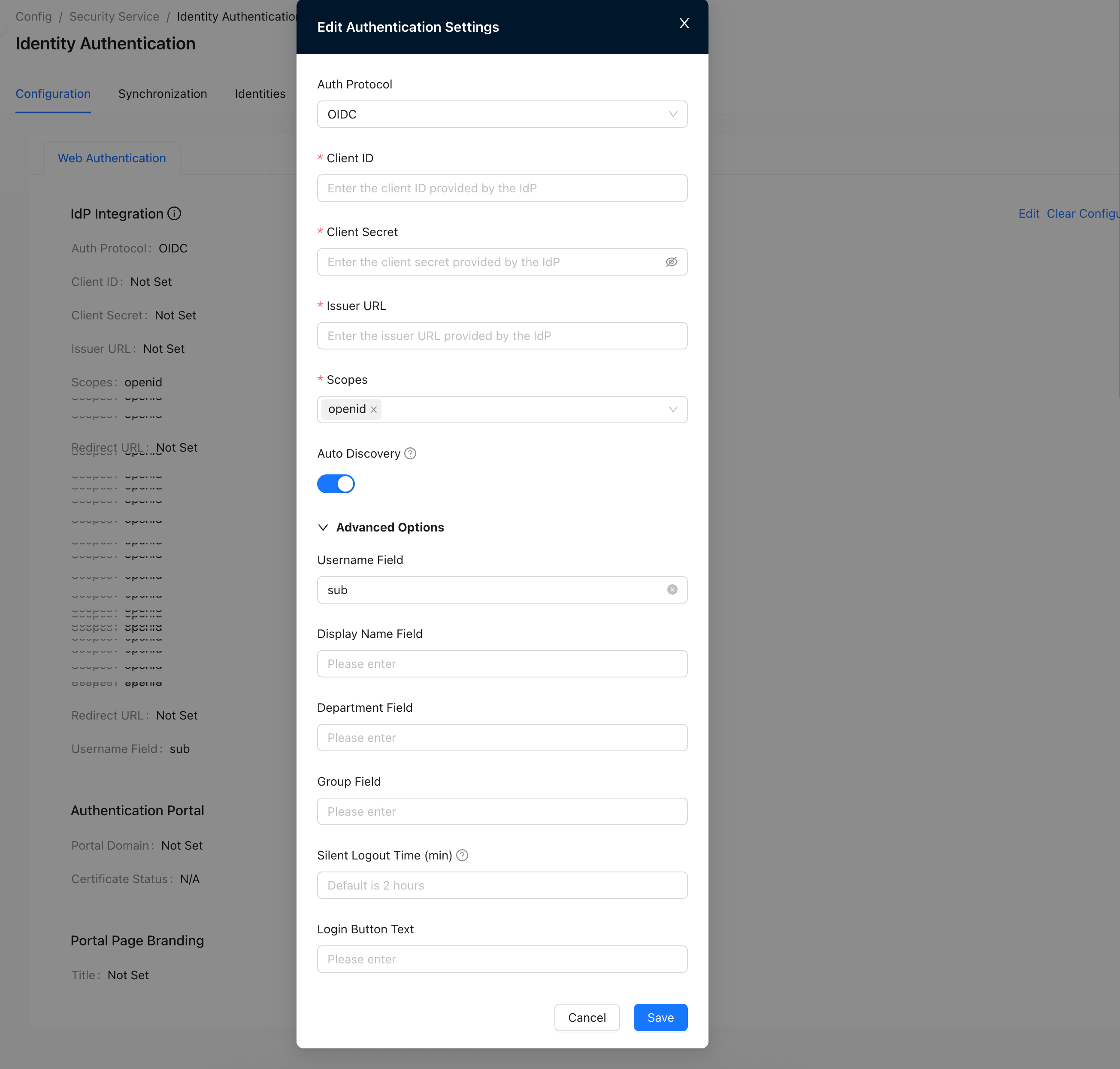 Authentication Integration save